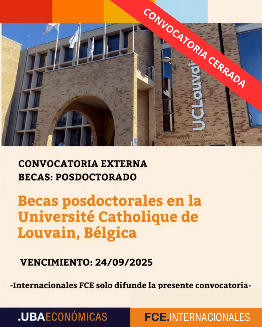 -CONVOCATORIA CERRADA- Becas posdoctorales en la Université Catholique de Louvain, Bélgica